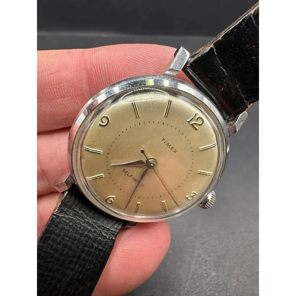Vintage Timex Self-Wind Wristwatch Silver Tone Dial Black Leather Band Classic